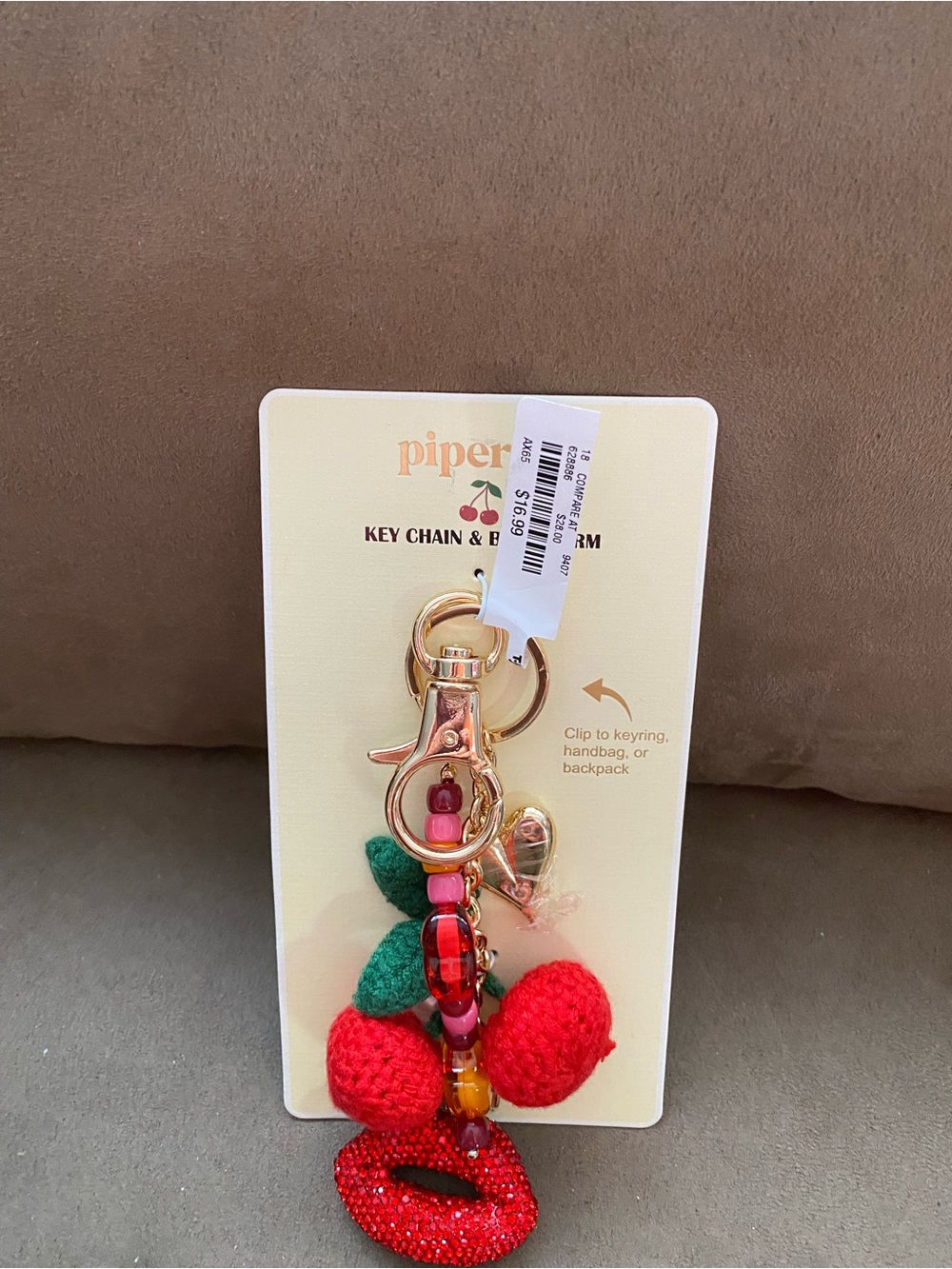 Piperlime Gold-Tone Cherry Key & Bag Charm in Red with Green Leaves